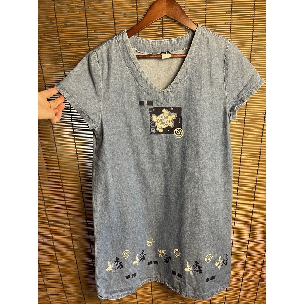Vintage Islandwear by Sidan Denim Turtle Dress V Neck Shift Blue Size M L